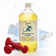 Fles Verana Sport & Herstel massageolie met arnica en pepermunt op de achtergrond.