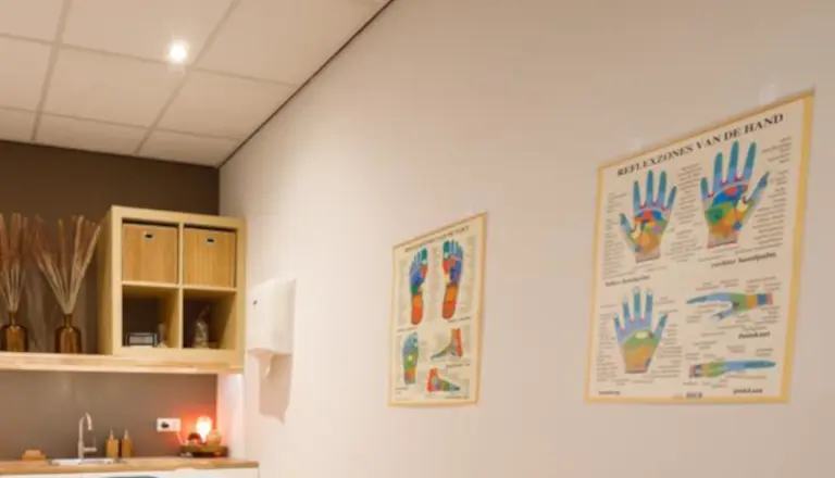 Posters over hand- en voetreflexzones aan de muur in de behandelruimte voor handreflexologie